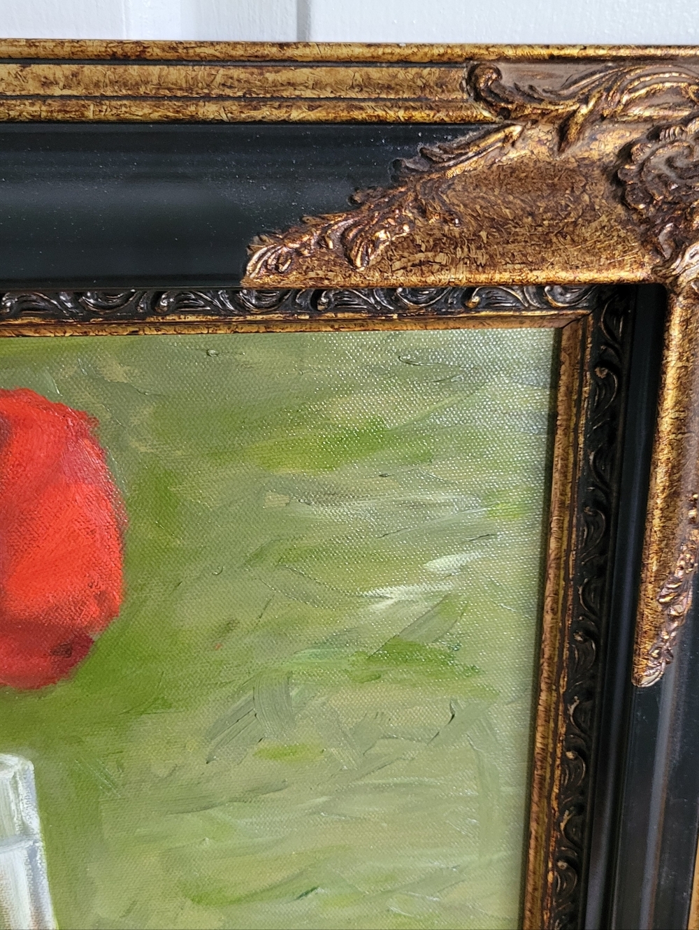 Oil on Canvas - Red Poppy Still Life Painting in Black and Gold Frame - Picture 5 of 8